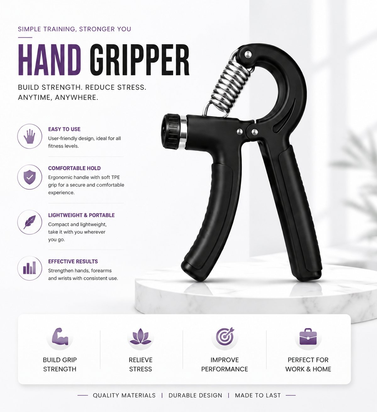 Adjustable black hand gripper for grip strength training