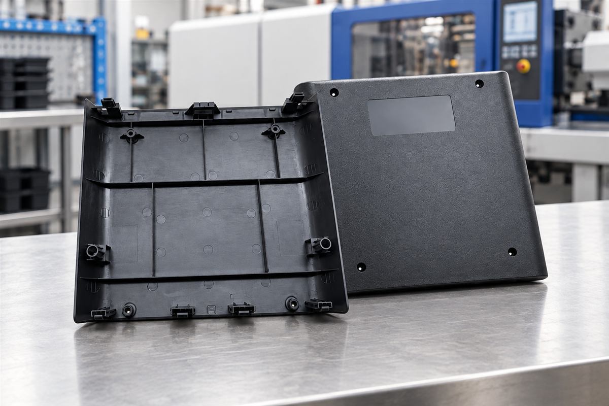 Black PP charging dock back cover showing exterior and reinforced interior