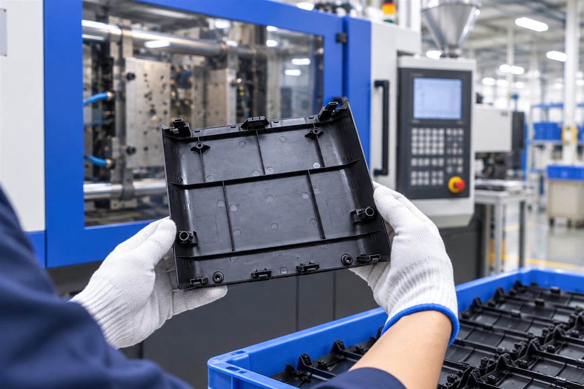 Injection molded PP charging dock back cover inspected beside a molding machine