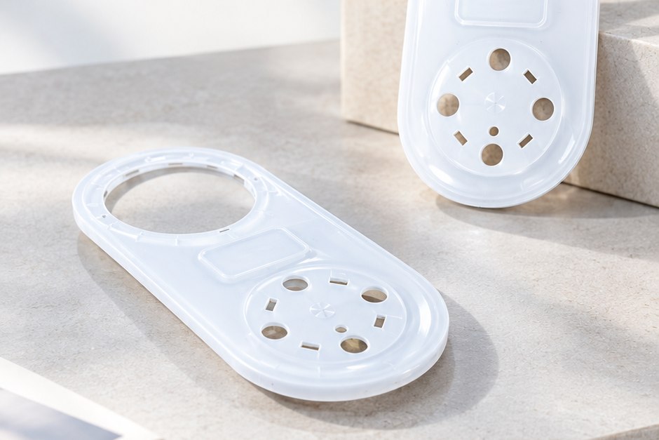 Two transparent PC handheld therapy device top covers showing the molded shape and opening layout