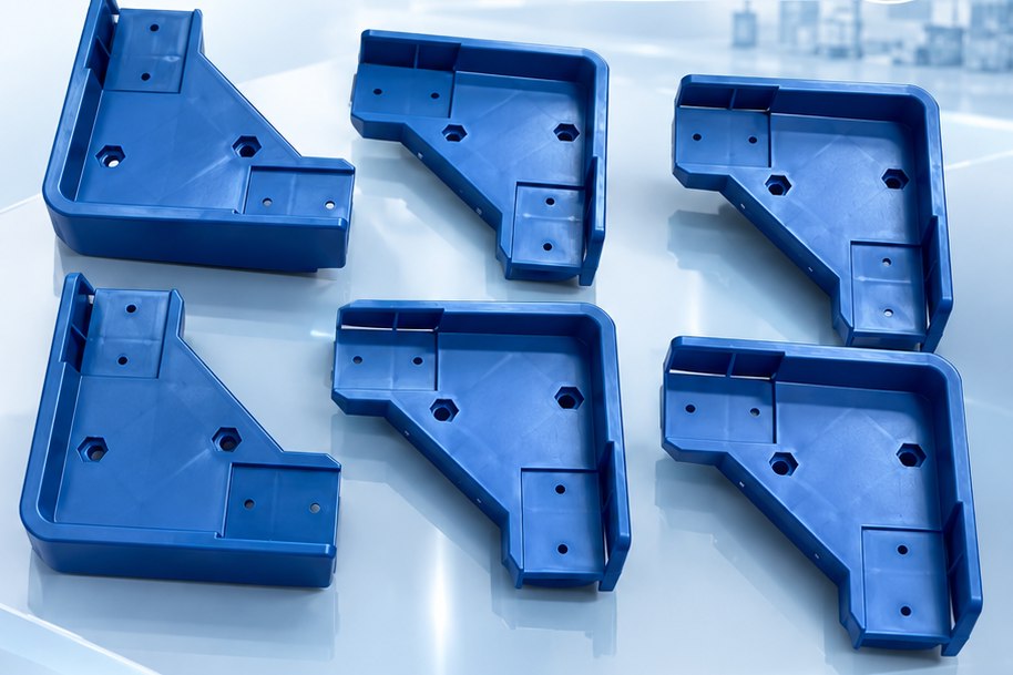 Blue PP plastic corner protectors showing molded walls, ribs and mounting holes
