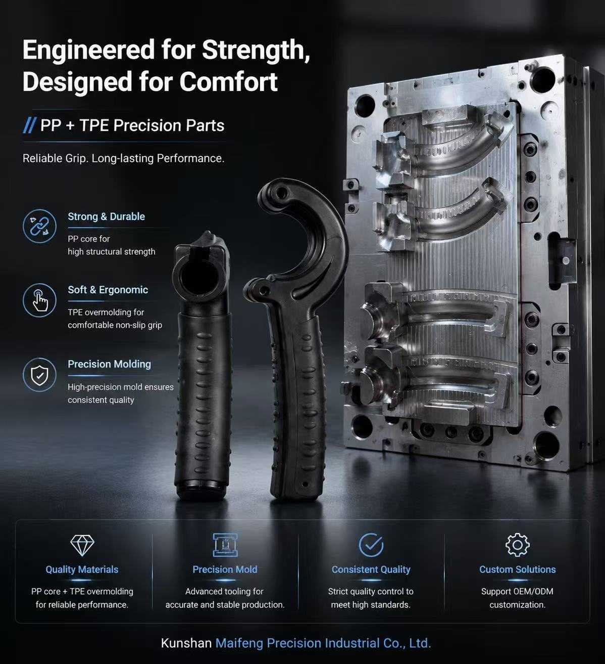 PP and TPE hand gripper parts shown with precision injection mold