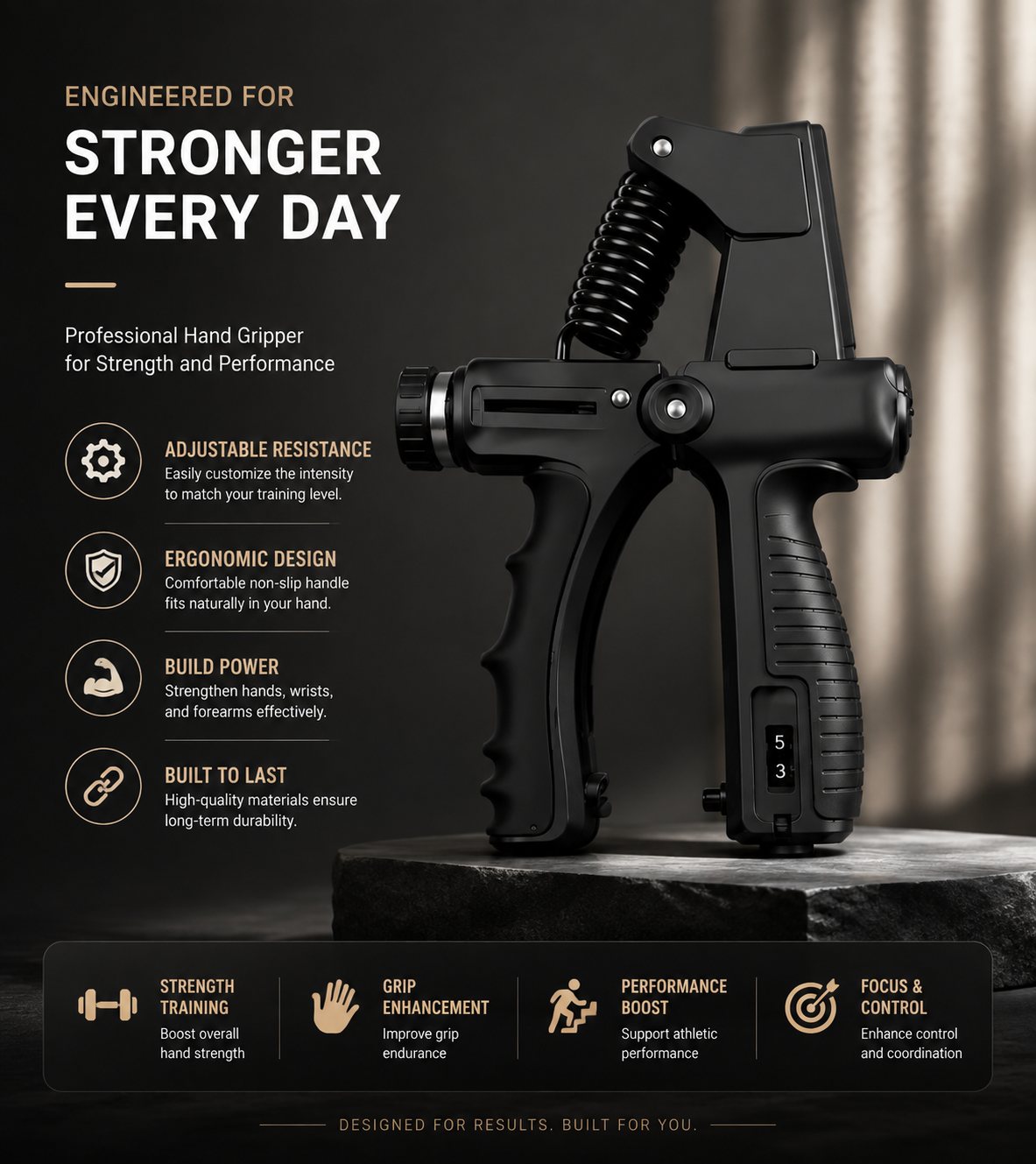 Professional adjustable hand gripper with ergonomic handle and spring
